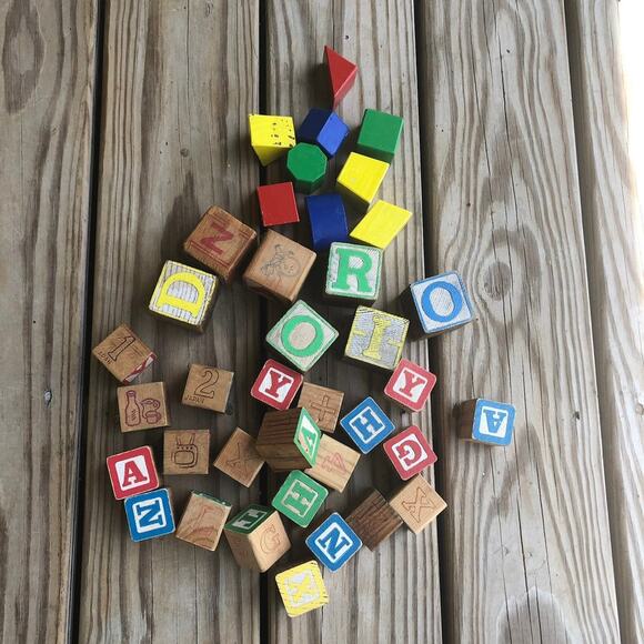 Wooden Alphabet Blocks Vtg Building Child Toy Some Marked Japan Stamped READ - Picture 1 of 8